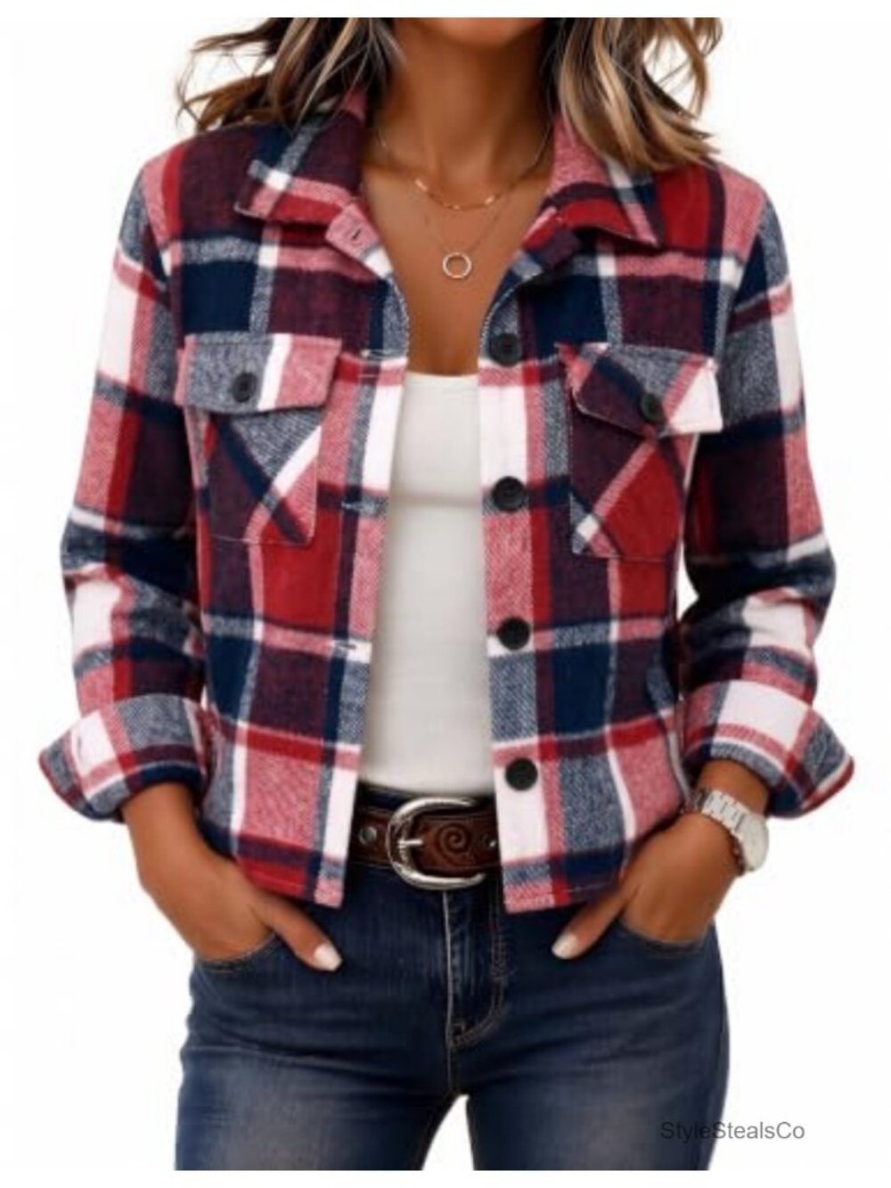 Vintage Flannel Cropped Button Down Shacket Jacket